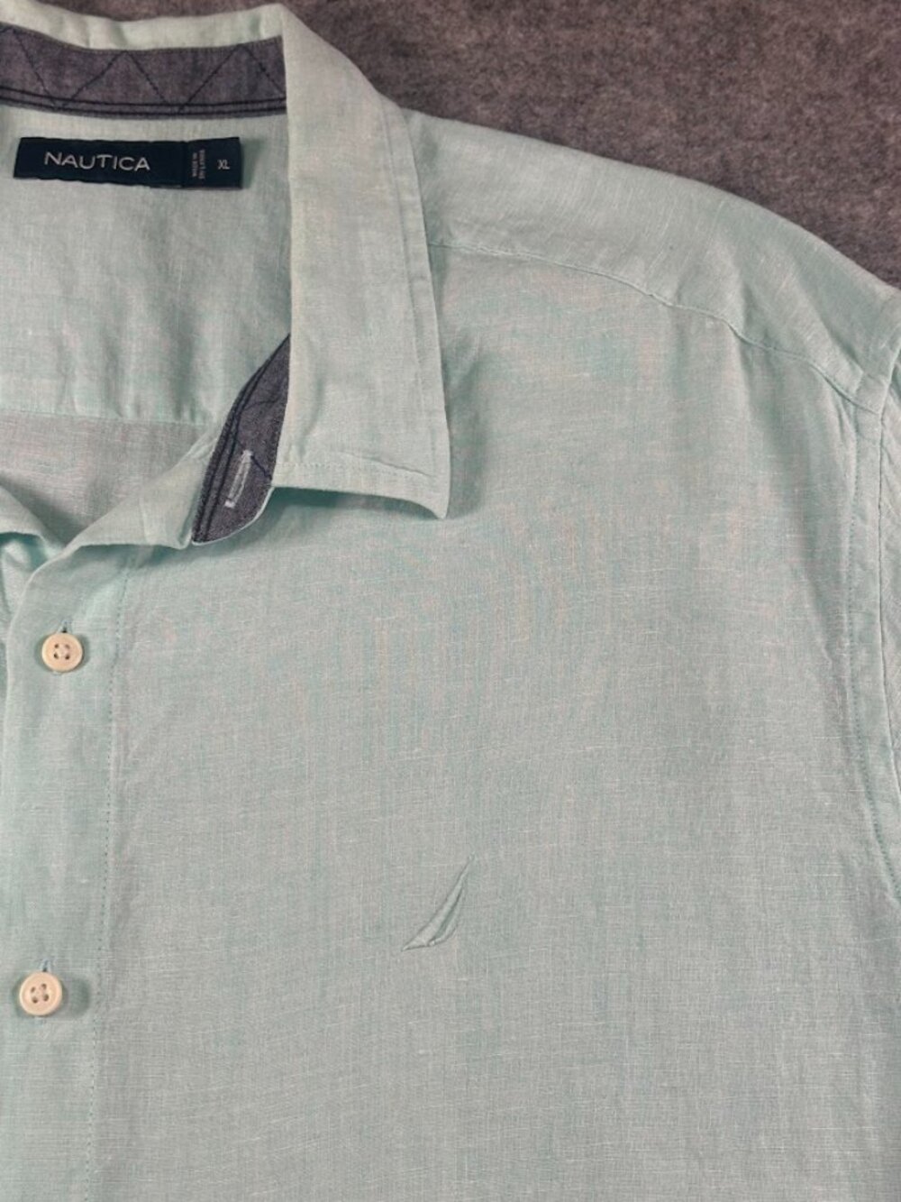 Nautica Men’s XL 100% Linen Seawater Blue Short Sleeve Button Down Shirt - Picture 2 of 9